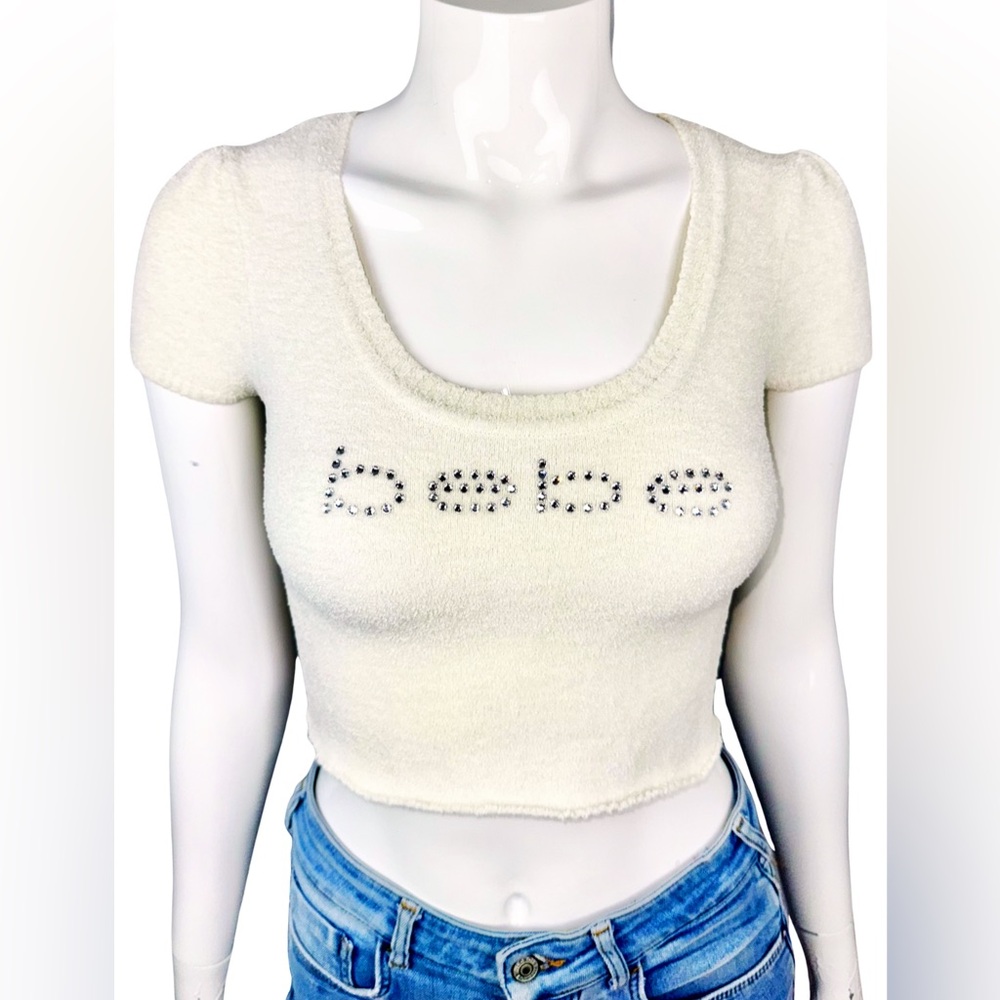 Bebe Y2K Rhinestone Logo Terrycloth Crop Top White Puff Sleeve Sz M